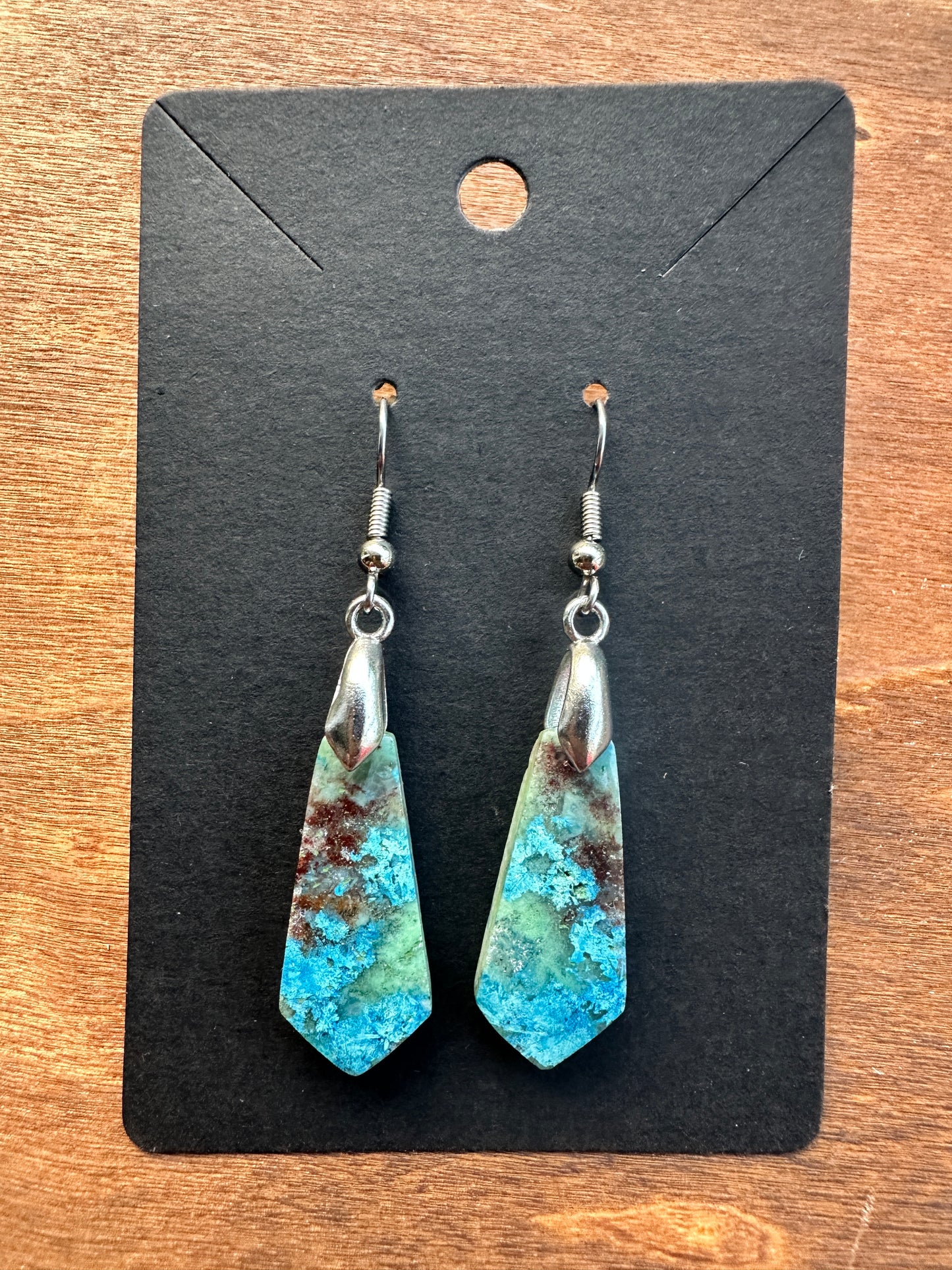 Shattuckite Earrings (Pointed with silver toned findings)