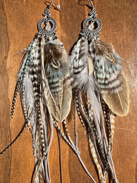 Blue, Grey and Brown Feather Earrings