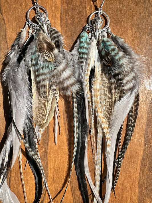 Grey, blue, black & brown feather & skull earrings