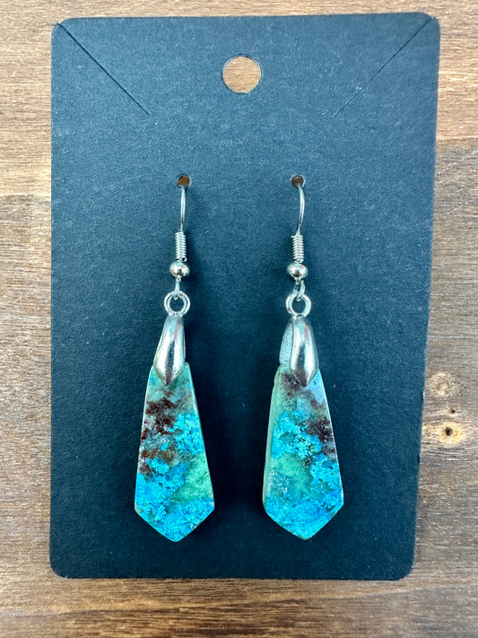 Shattuckite Earrings (Pointed with silver toned findings)