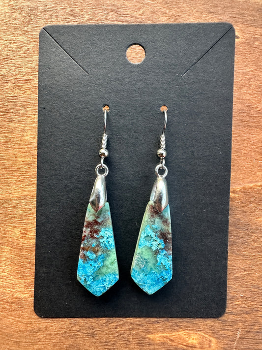 Shattuckite Earrings (Pointed with silver toned findings)