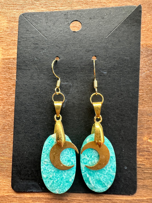 Amazonite Oval Earrings with Gold-Toned Moons