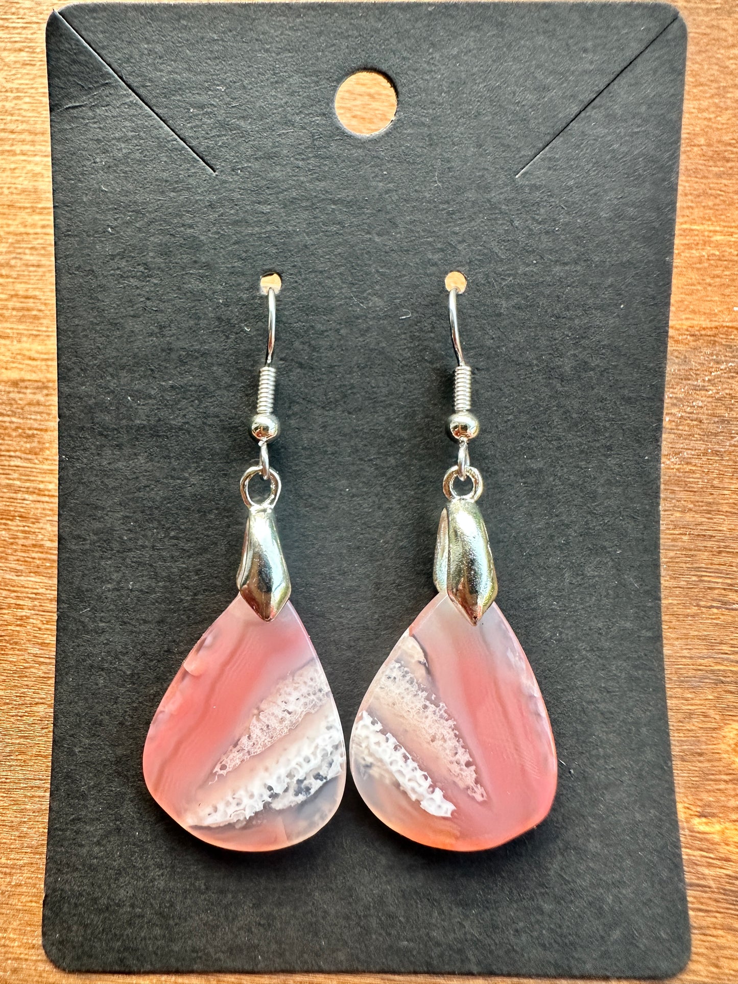 Pink Agate Teardrops (Silver toned)
