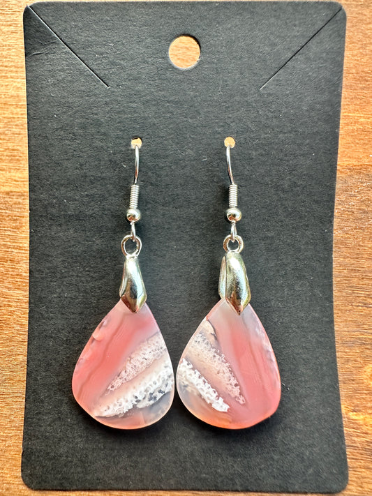 Pink Agate Teardrops (Silver toned)