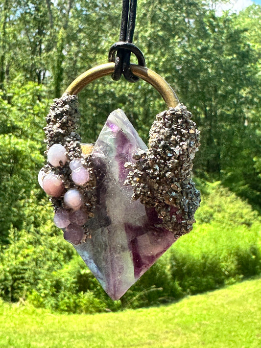 Diamond Pyrite & Fluorite Pendant with Grape Agate