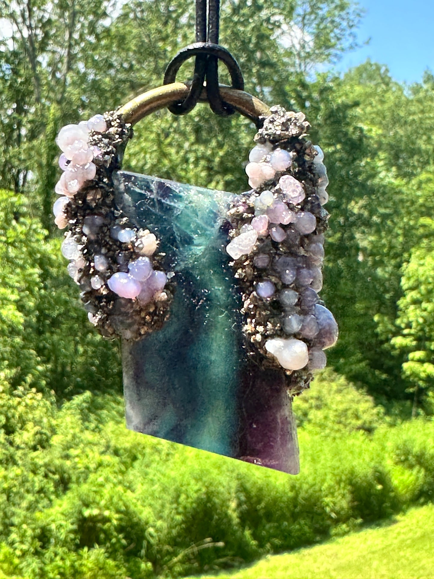 Green & Purple Fluroite Pendant with Grape Agate & Pyrite
